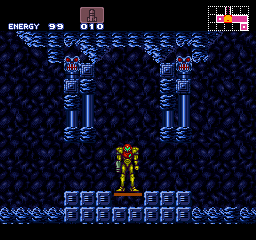 Screenshot of Super Metroid with Samus in the same spot as in the picture of Metroid Classic